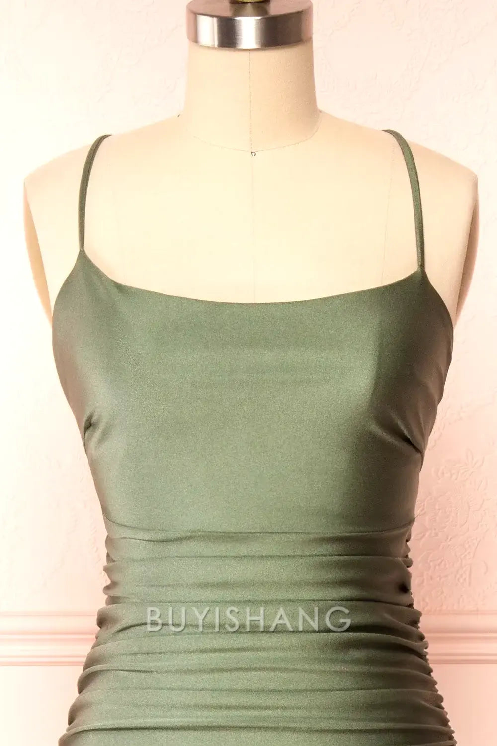 Buyishang Elegant Modest Sheath Olive Green Backless Long Prom Dresses Formal Graduation Party Dress Evening Dress