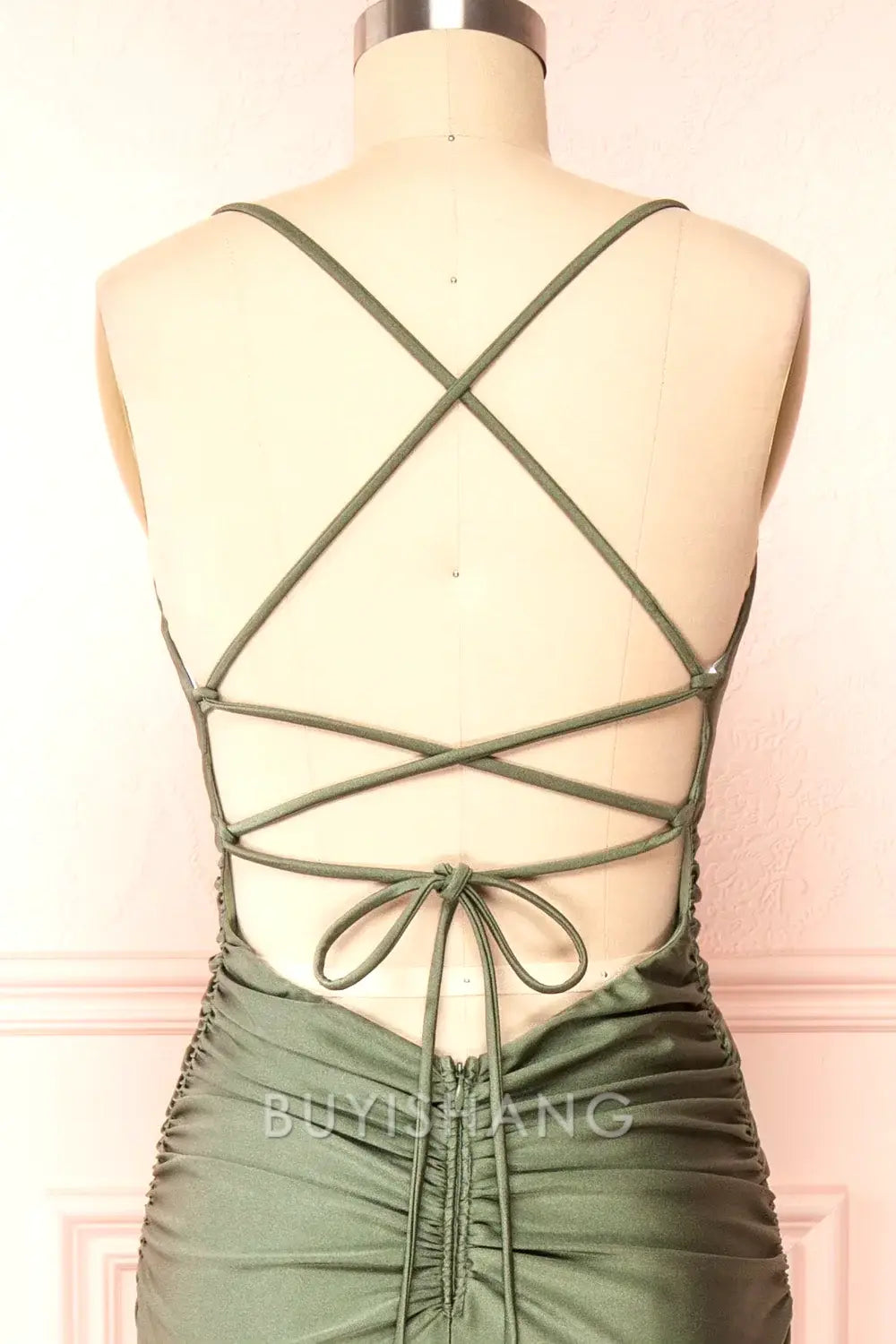 Buyishang Elegant Modest Sheath Olive Green Backless Long Prom Dresses Formal Graduation Party Dress Evening Dress