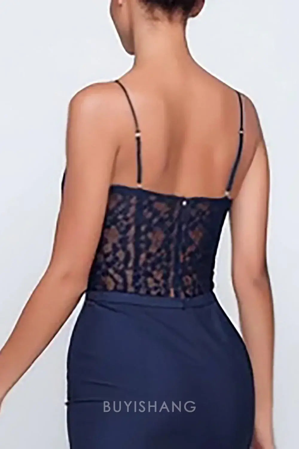 Elegant Navy Spaghetti Straps Lace Mermaid Long Formal Dress with Slit Prom Dress