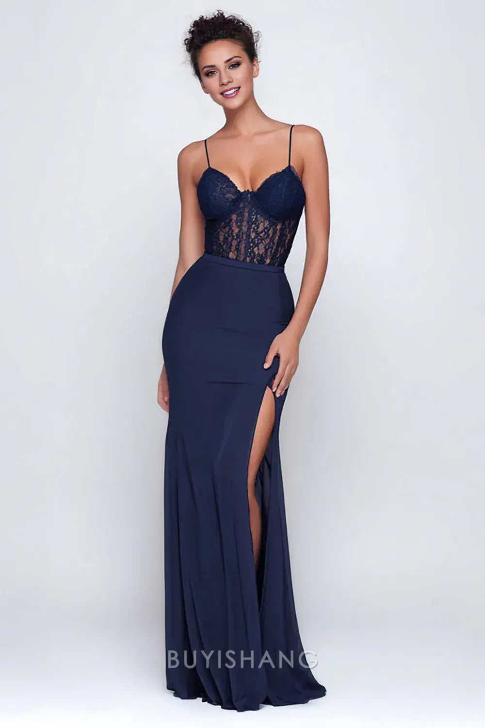 Elegant Navy Spaghetti Straps Lace Mermaid Long Formal Dress with Slit Prom Dress