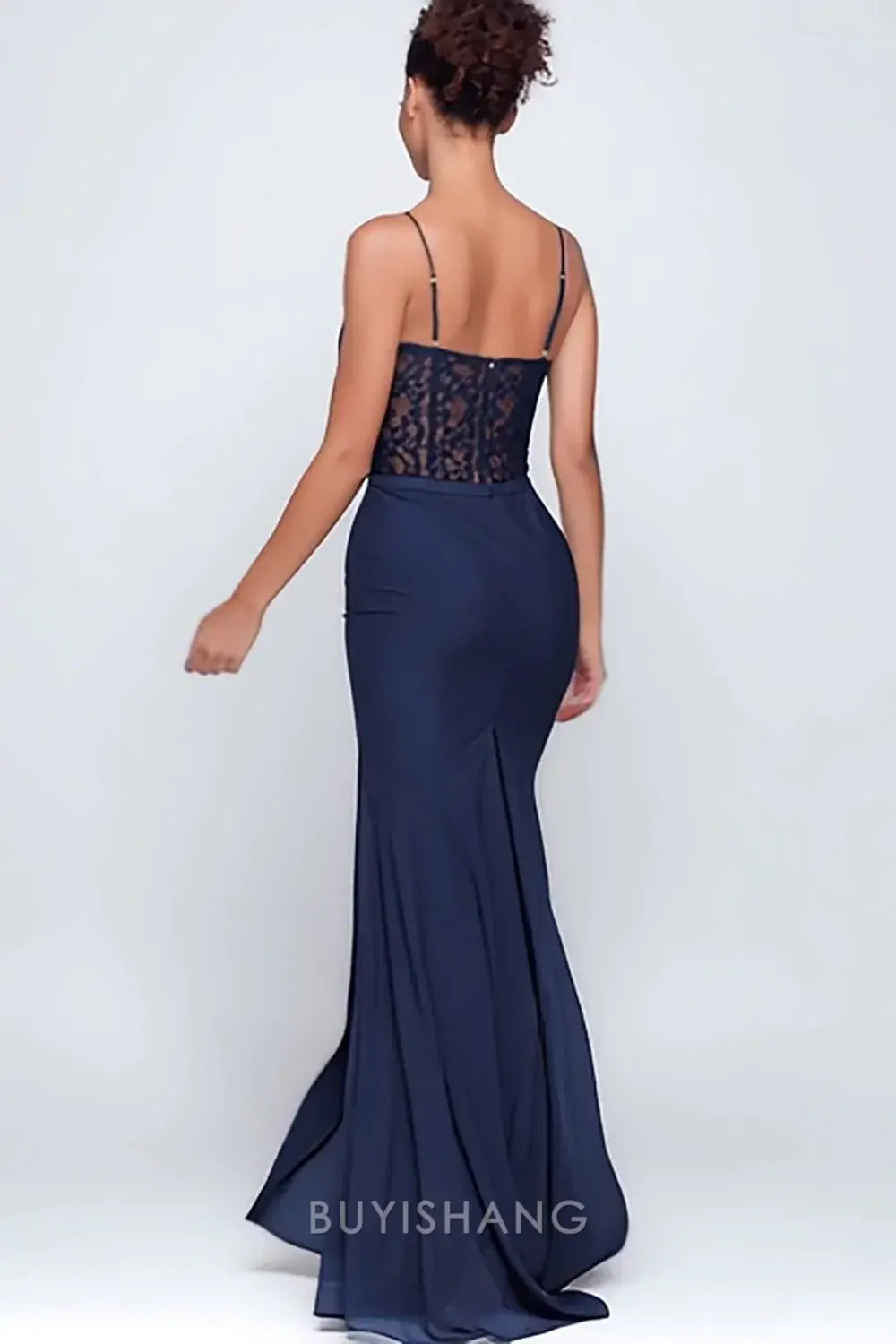 Elegant Navy Spaghetti Straps Lace Mermaid Long Formal Dress with Slit Prom Dress