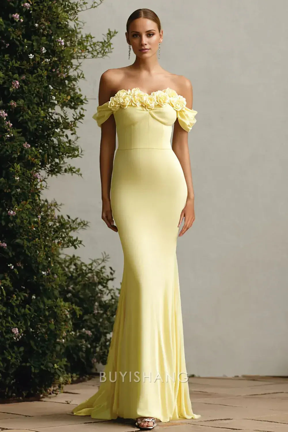 Elegant Off-Shoulder 3D Floral-Embellished Mermaid Maxi Dress Prom Dress