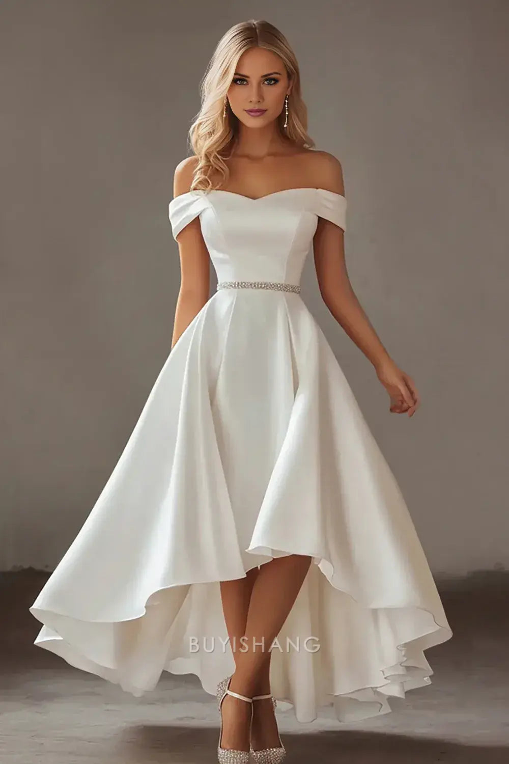 Elegant Off-Shoulder Beaded Waist Asymmetrical Hem Satin Wedding Gown Prom Dress