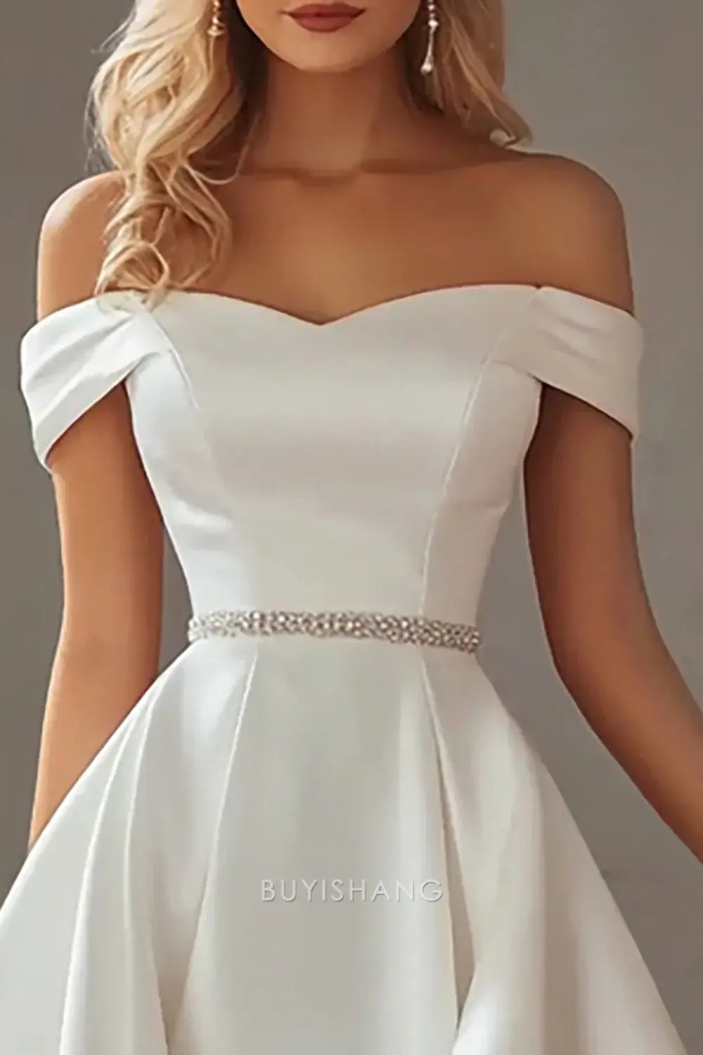 Elegant Off-Shoulder Beaded Waist Asymmetrical Hem Satin Wedding Gown Prom Dress