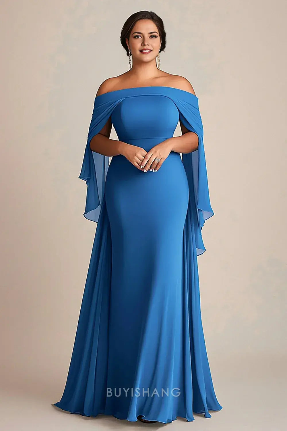 Elegant Off - Shoulder Cape Sleeve Mermaid Floor-Length Maxi Dress Prom Dress