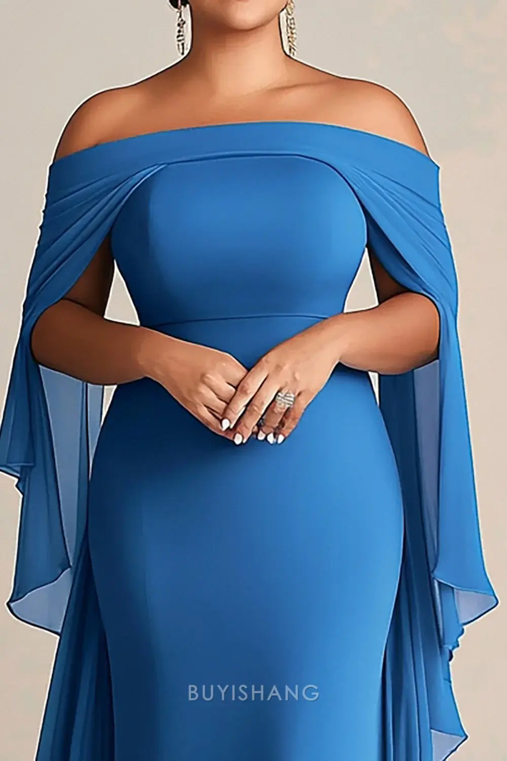 Elegant Off - Shoulder Cape Sleeve Mermaid Floor-Length Maxi Dress Prom Dress