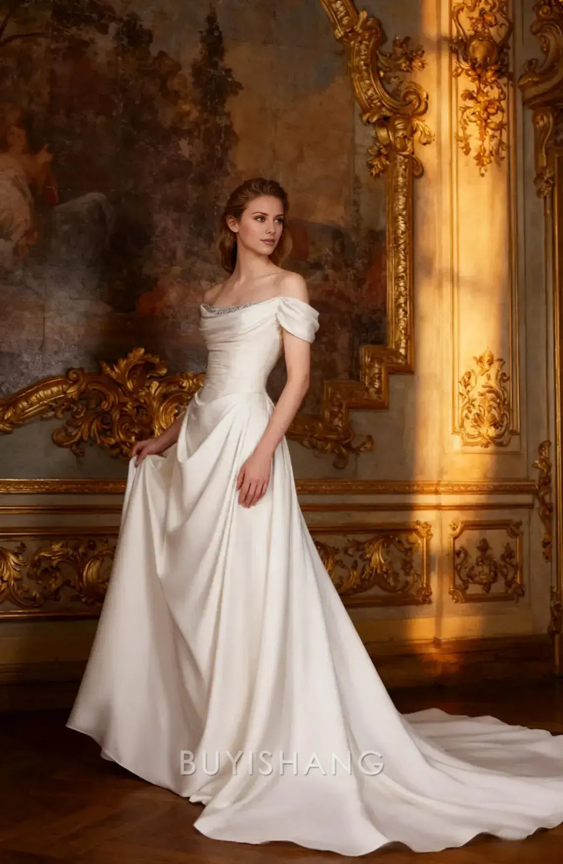 Elegant Off-Shoulder Draped Beaded A-Line Wedding Gown Prom Dress