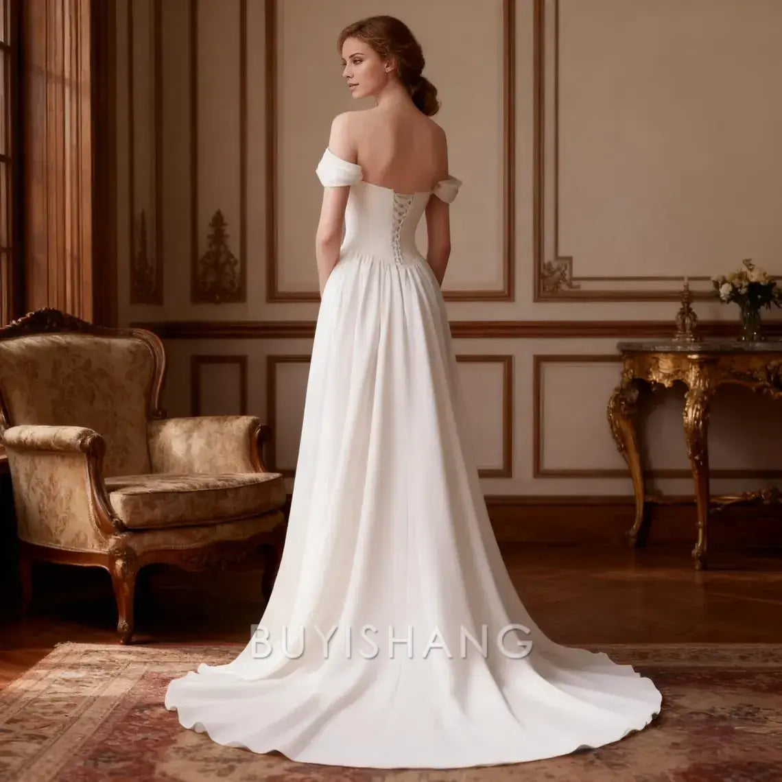 Elegant Off-Shoulder Draped Beaded A-Line Wedding Gown Prom Dress