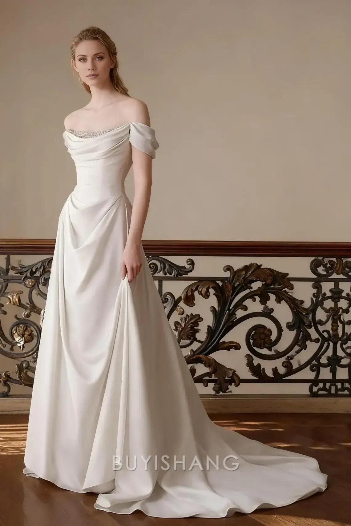Elegant Off-Shoulder Draped Beaded A-Line Wedding Gown Prom Dress
