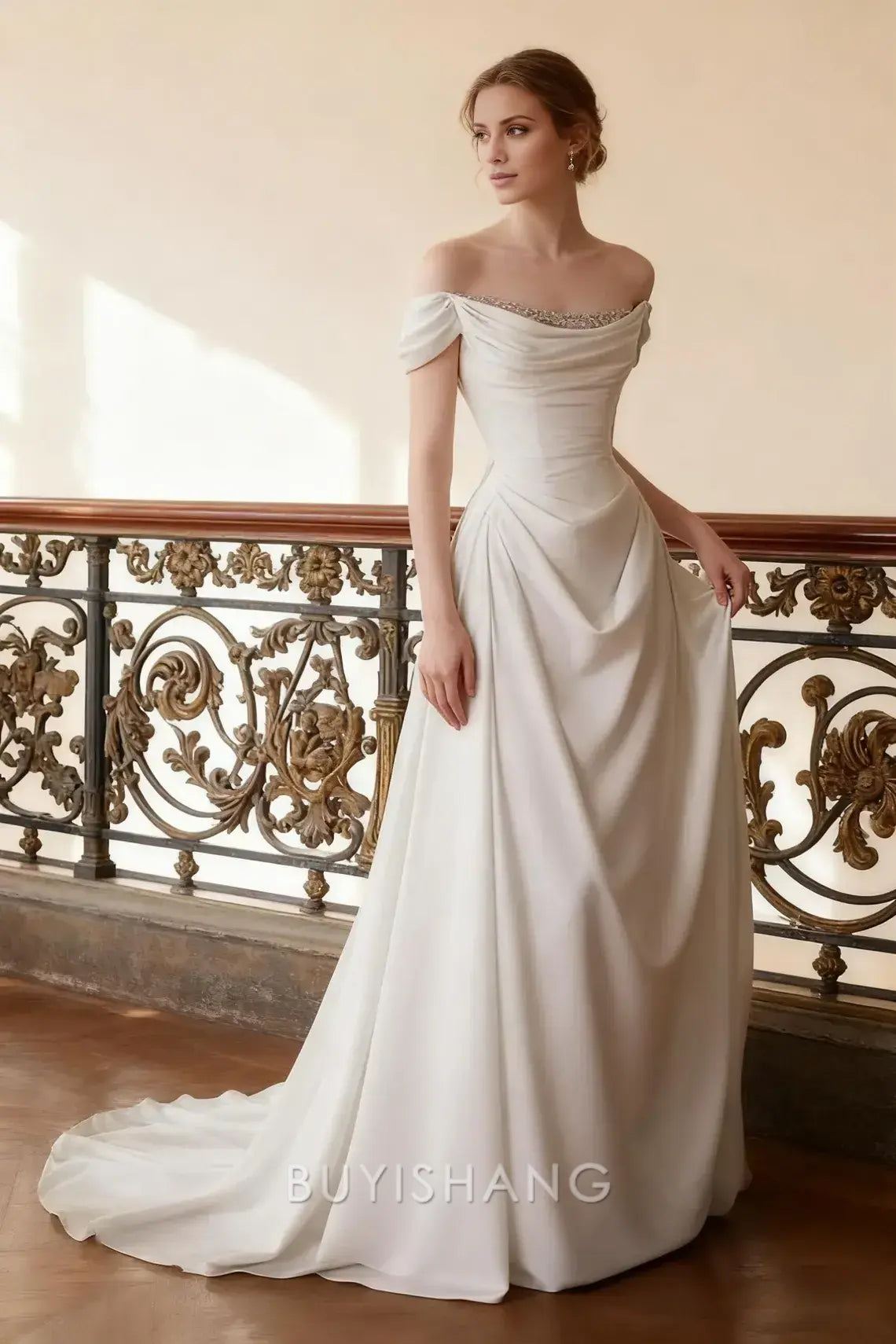 Elegant Off-Shoulder Draped Beaded A-Line Wedding Gown Prom Dress
