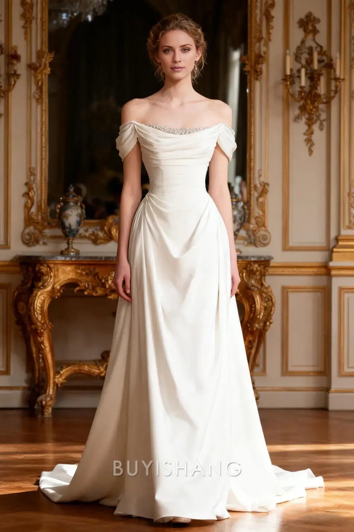 Elegant Off-Shoulder Draped Beaded A-Line Wedding Gown Prom Dress