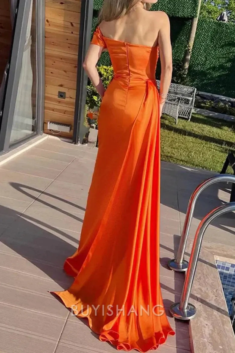 Elegant Off - Shoulder Embellished Satin Maxi Dress with Train prom dress