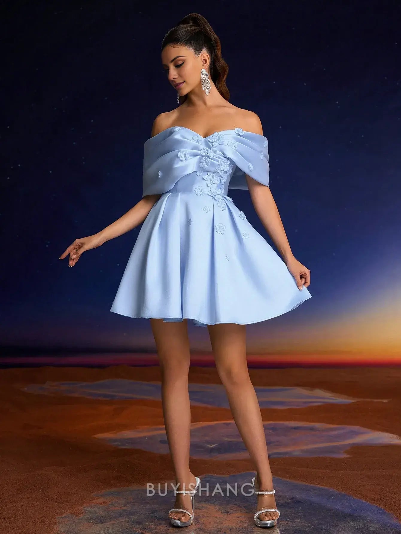 Elegant Off-Shoulder Floral Embellished Lace-Up Back Mini Dress Prom Dress