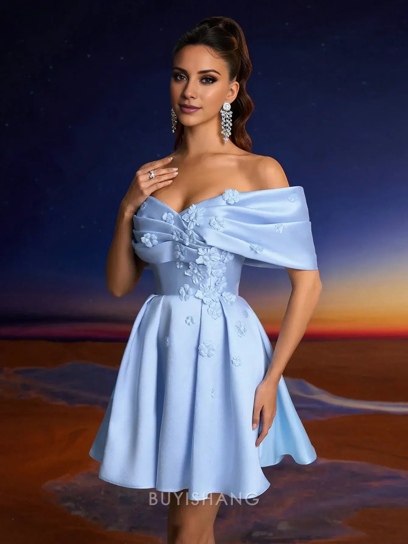 Elegant Off-Shoulder Floral Embellished Lace-Up Back Mini Dress Prom Dress