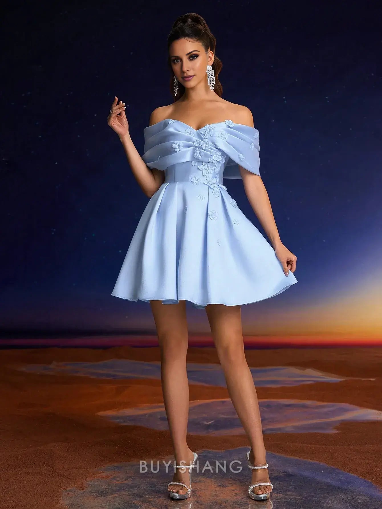 Elegant Off-Shoulder Floral Embellished Lace-Up Back Mini Dress Prom Dress