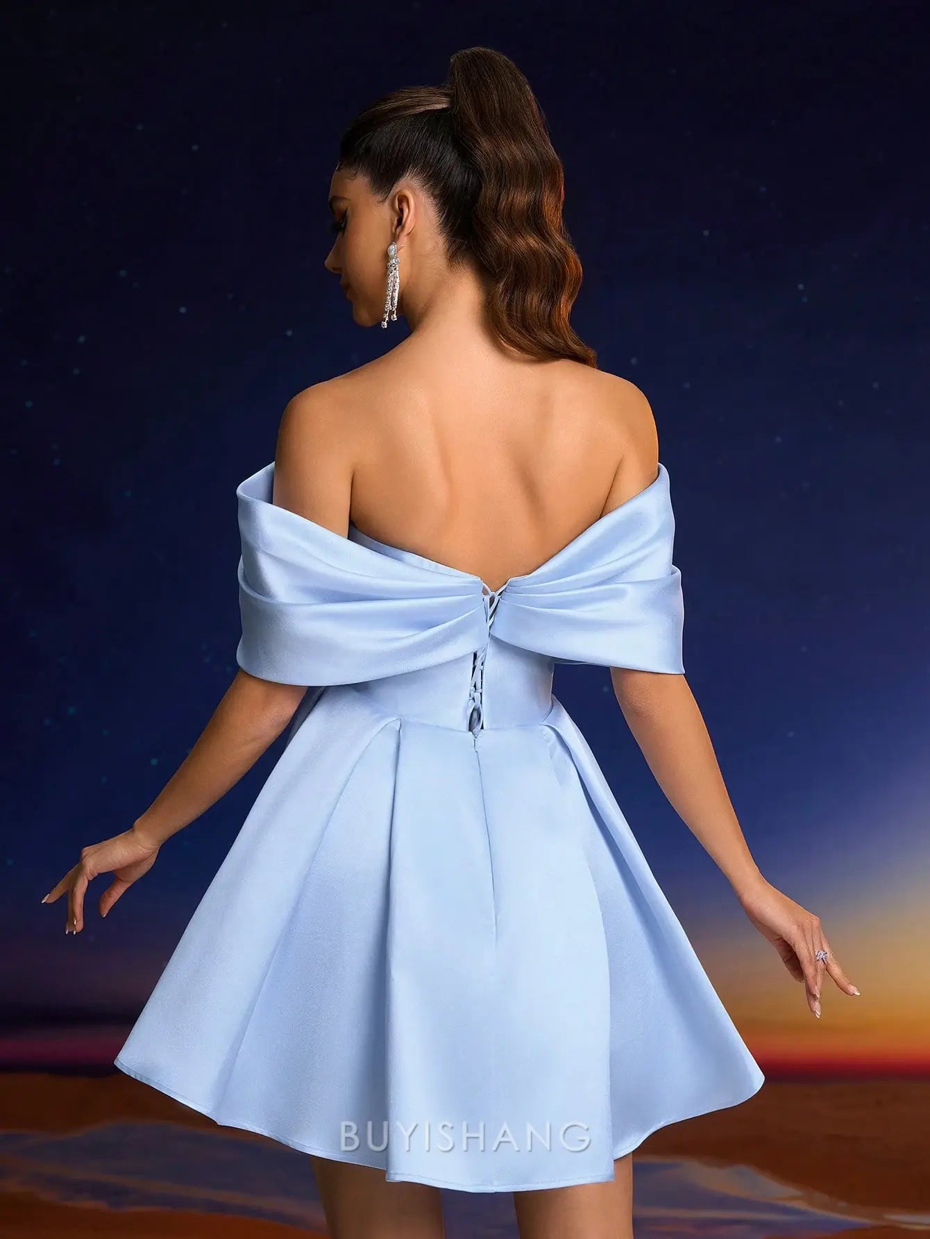 Elegant Off-Shoulder Floral Embellished Lace-Up Back Mini Dress Prom Dress