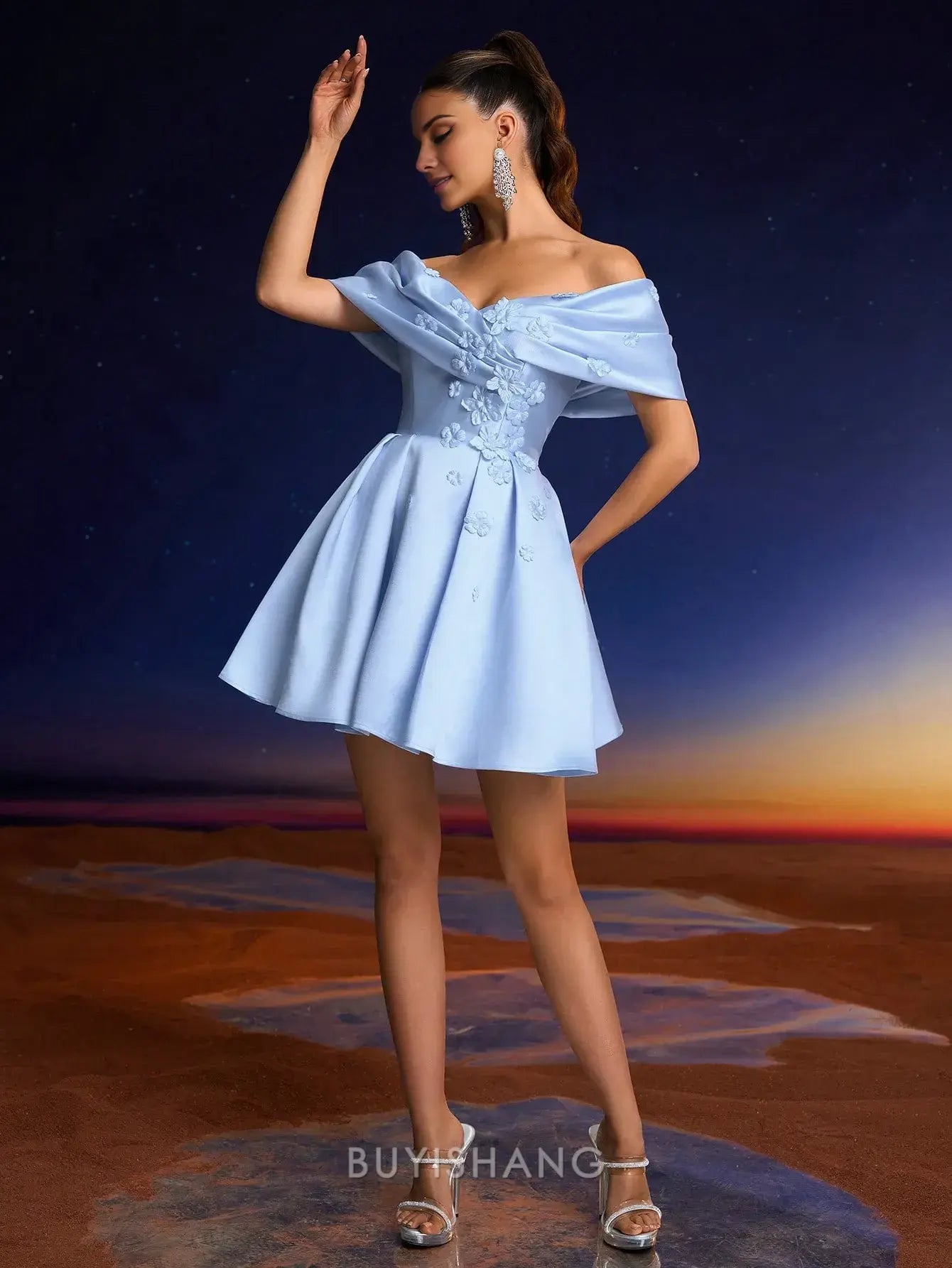 Elegant Off-Shoulder Floral Embellished Lace-Up Back Mini Dress Prom Dress