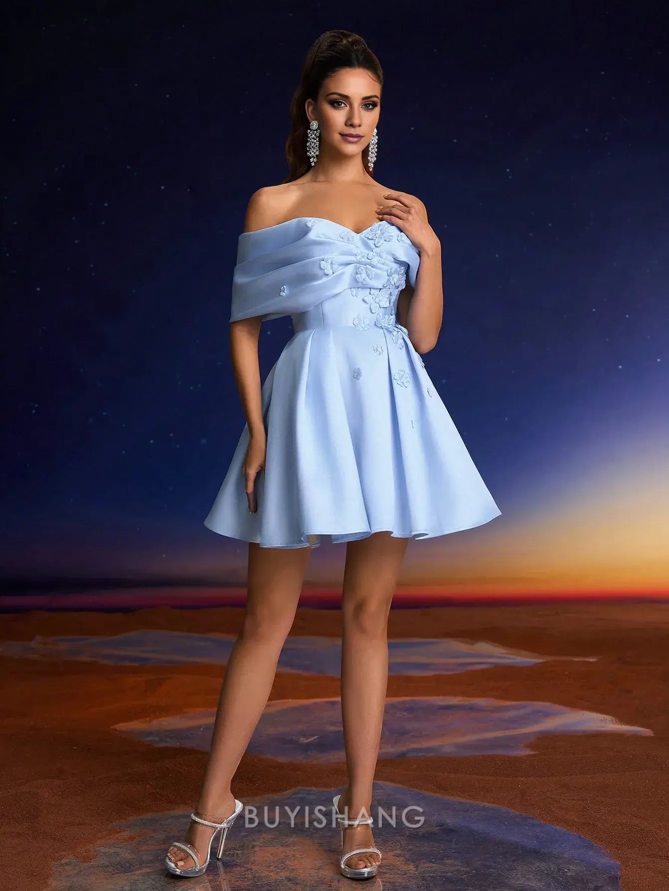 Elegant Off-Shoulder Floral Embellished Lace-Up Back Mini Dress Prom Dress