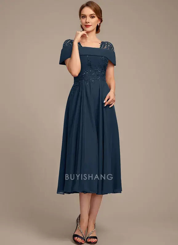 Elegant Off-Shoulder Lace Appliqué Chiffon Tea-Length A-Line Dress Mother of the Bride Dress