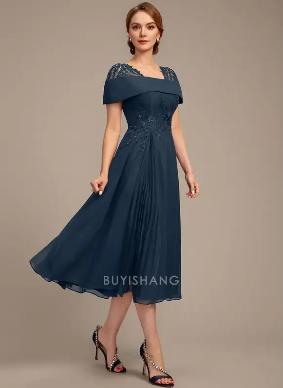 Elegant Off-Shoulder Lace Appliqué Chiffon Tea-Length A-Line Dress Mother of the Bride Dress