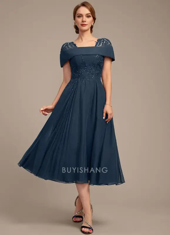 Elegant Off-Shoulder Lace Appliqué Chiffon Tea-Length A-Line Dress Mother of the Bride Dress
