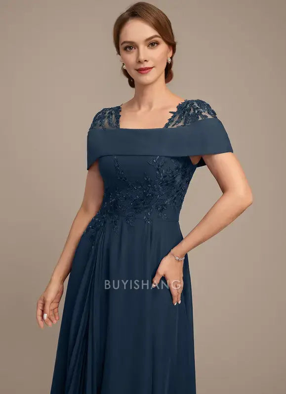 Elegant Off-Shoulder Lace Appliqué Chiffon Tea-Length A-Line Dress Mother of the Bride Dress
