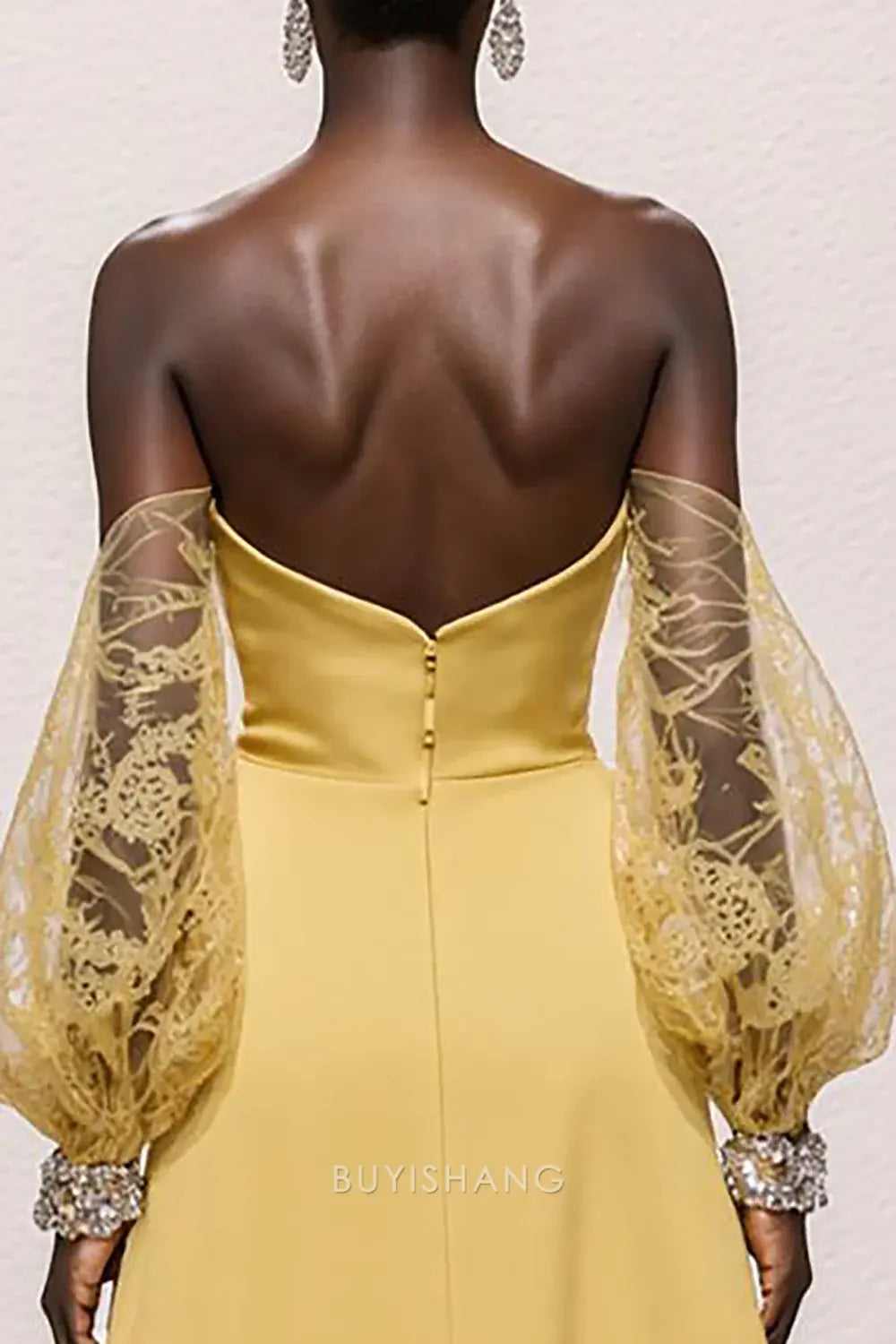 Elegant Off-Shoulder Lace Puff-Sleeve Satin Mermaid Maxi Dress Prom Dress