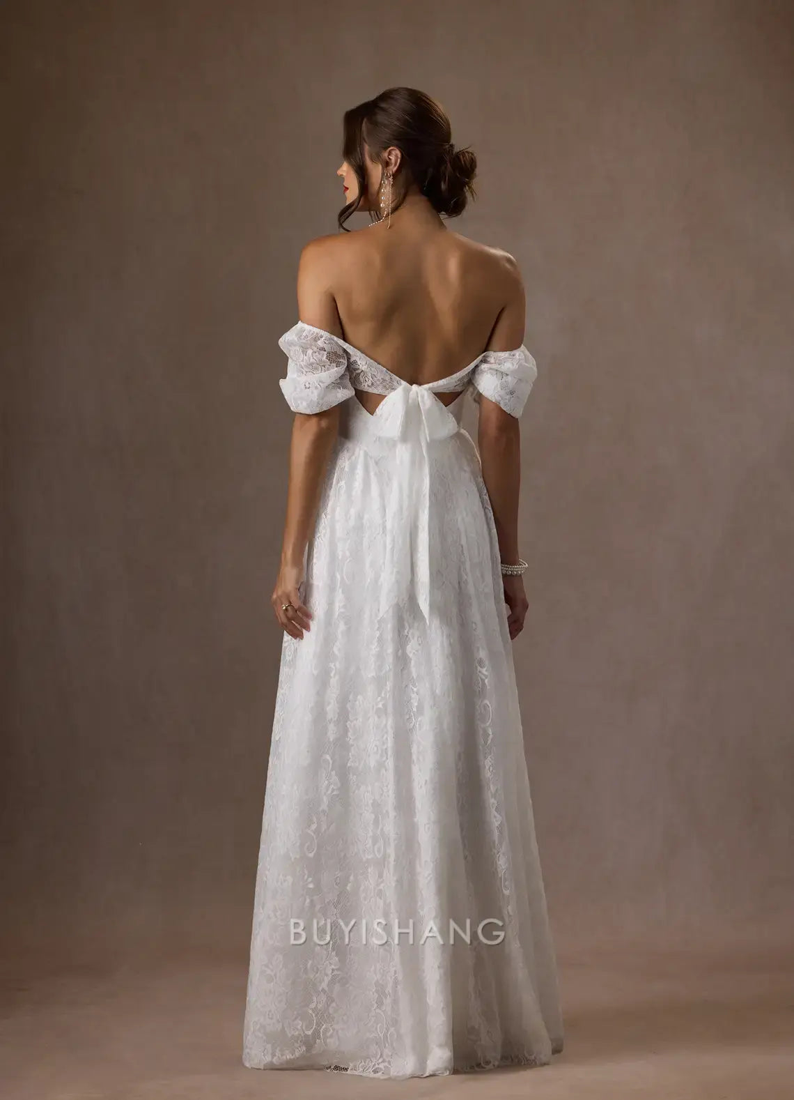 Elegant Off - Shoulder Lace Puff Sleeve Maxi Dress with Bow Back Prom Dresses