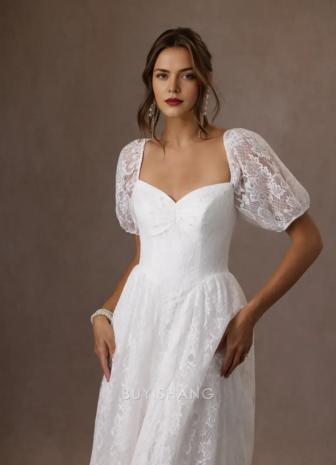 Elegant Off - Shoulder Lace Puff Sleeve Maxi Dress with Bow Back Prom Dresses