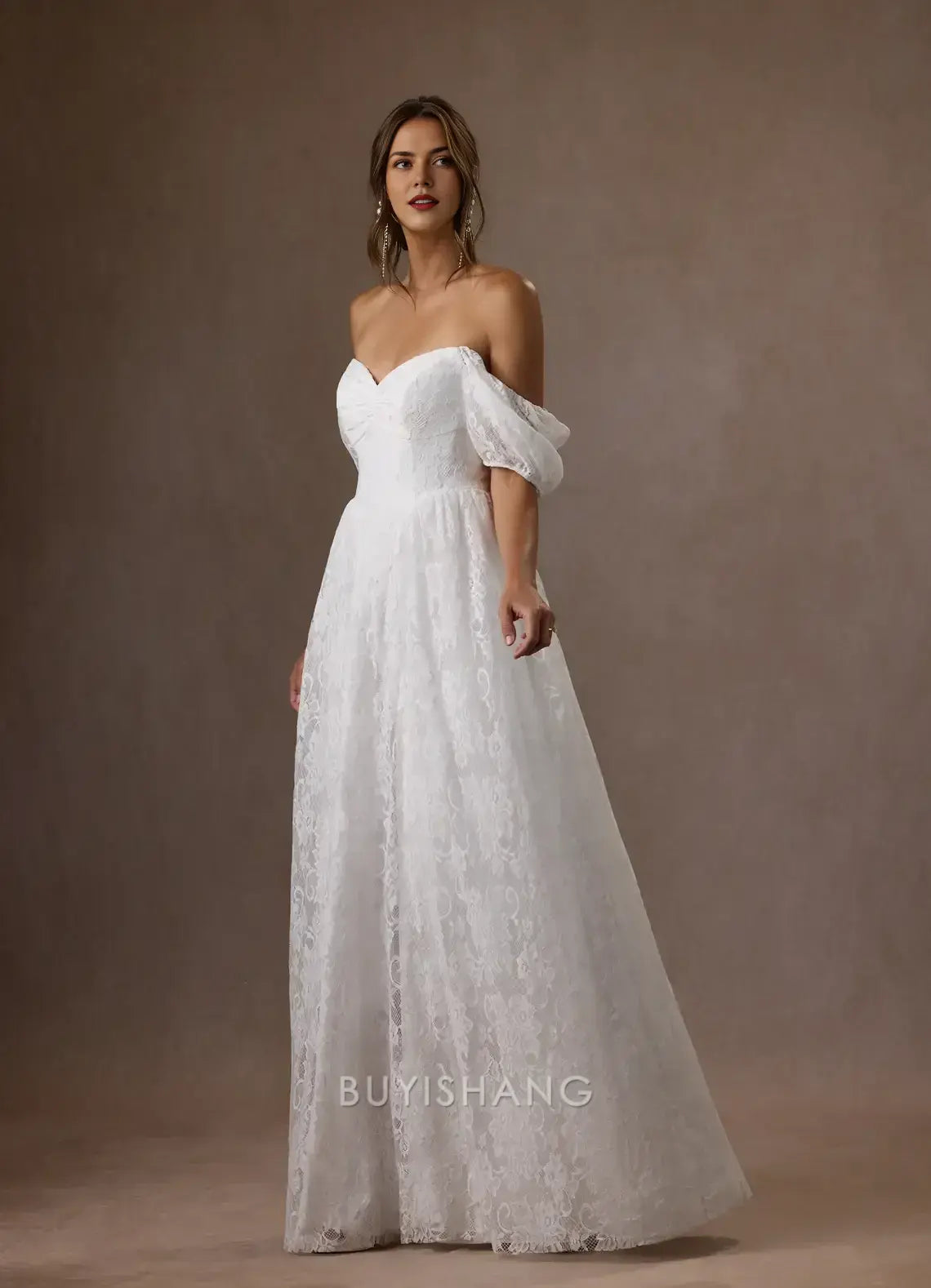 Elegant Off - Shoulder Lace Puff Sleeve Maxi Dress with Bow Back Prom Dresses