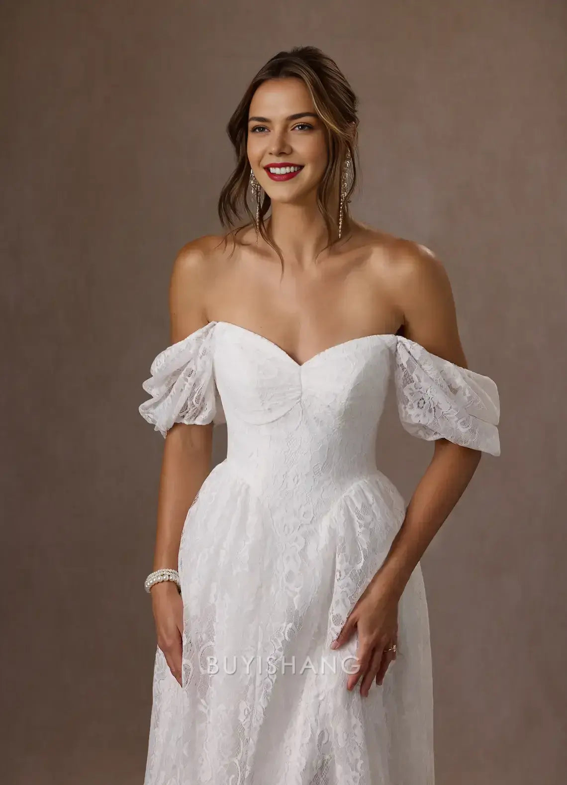 Elegant Off - Shoulder Lace Puff Sleeve Maxi Dress with Bow Back Prom Dresses