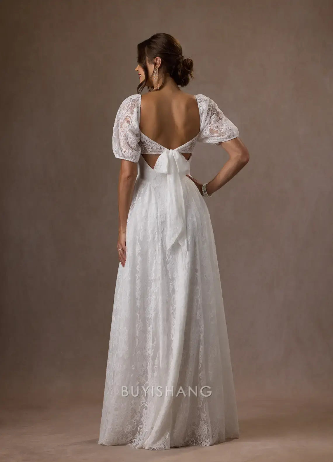 Elegant Off - Shoulder Lace Puff Sleeve Maxi Dress with Bow Back Prom Dresses