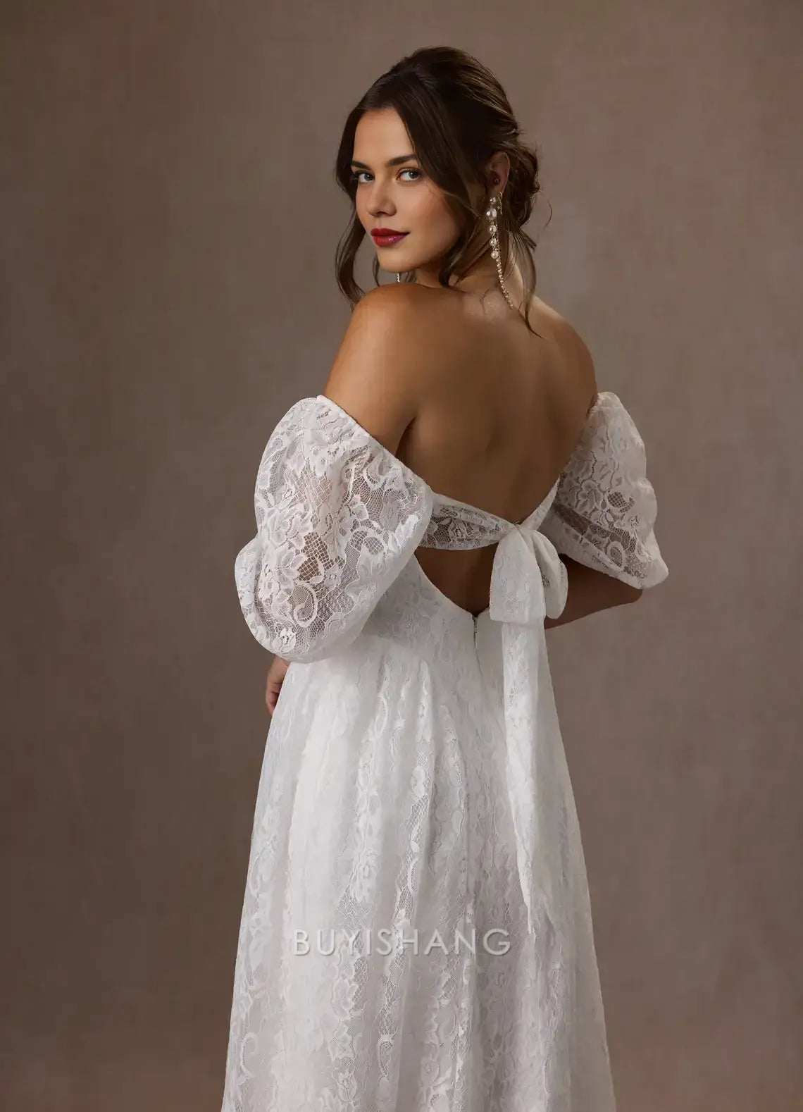 Elegant Off - Shoulder Lace Puff Sleeve Maxi Dress with Bow Back Prom Dresses