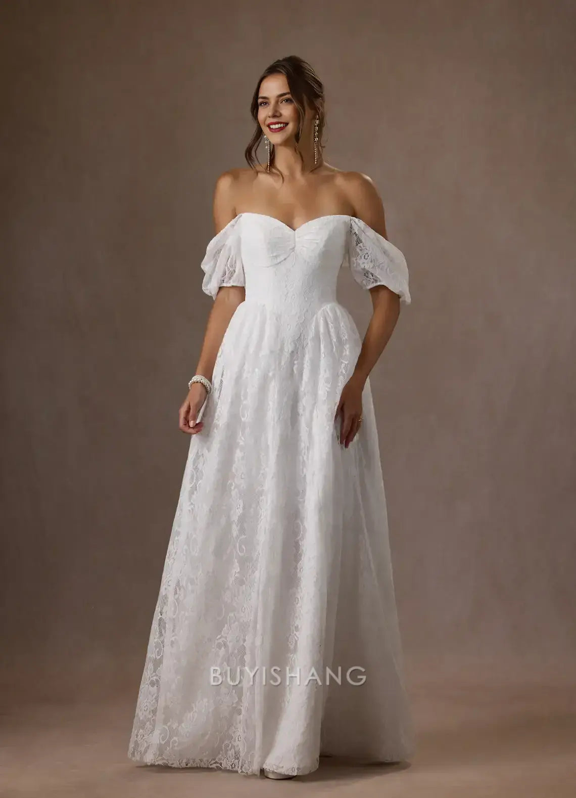 Elegant Off - Shoulder Lace Puff Sleeve Maxi Dress with Bow Back Prom Dresses