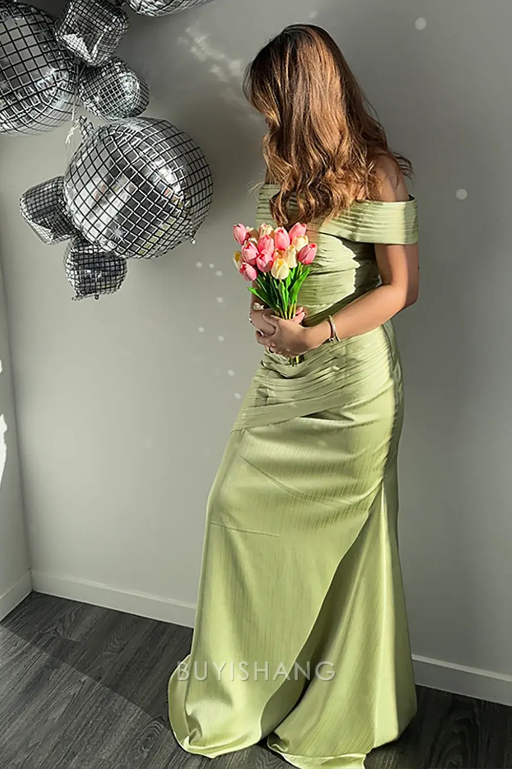 Elegant Off-Shoulder Ruched Satin Mermaid Floor-Length Maxi Dress ﻿Prom Dress