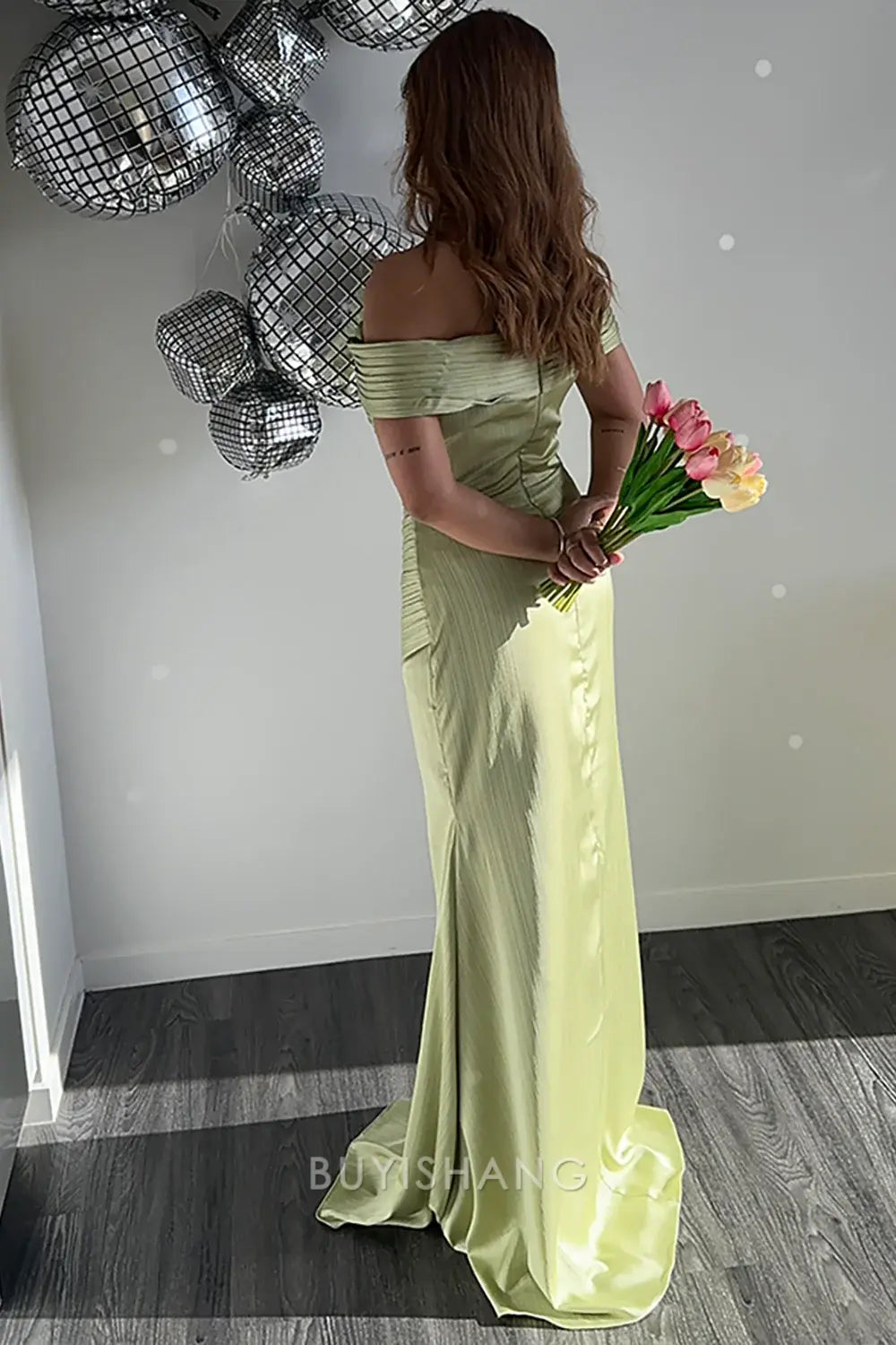 Elegant Off-Shoulder Ruched Satin Mermaid Floor-Length Maxi Dress ﻿Prom Dress