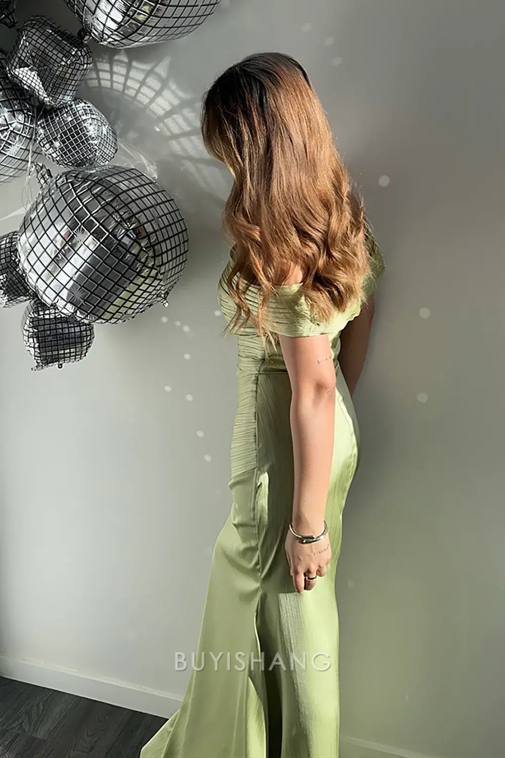 Elegant Off-Shoulder Ruched Satin Mermaid Floor-Length Maxi Dress ﻿Prom Dress