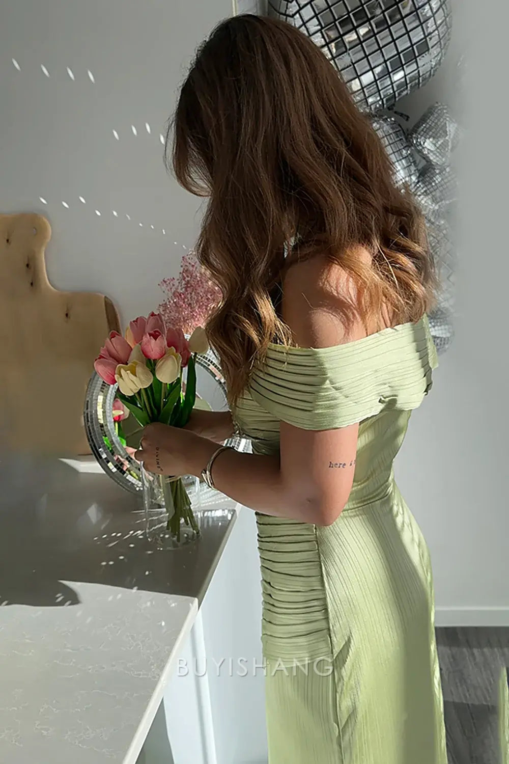 Elegant Off-Shoulder Ruched Satin Mermaid Floor-Length Maxi Dress ﻿Prom Dress