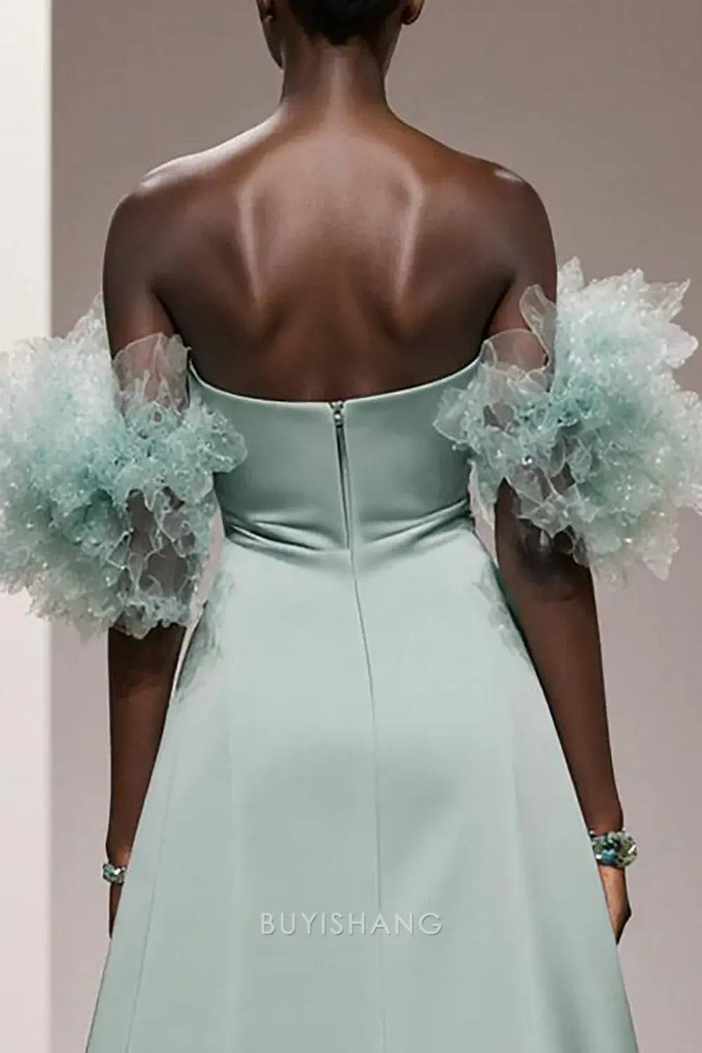 Elegant Off-Shoulder Ruffled Organza Sleeve Bow-Accent Satin Maxi Dress Prom Dress