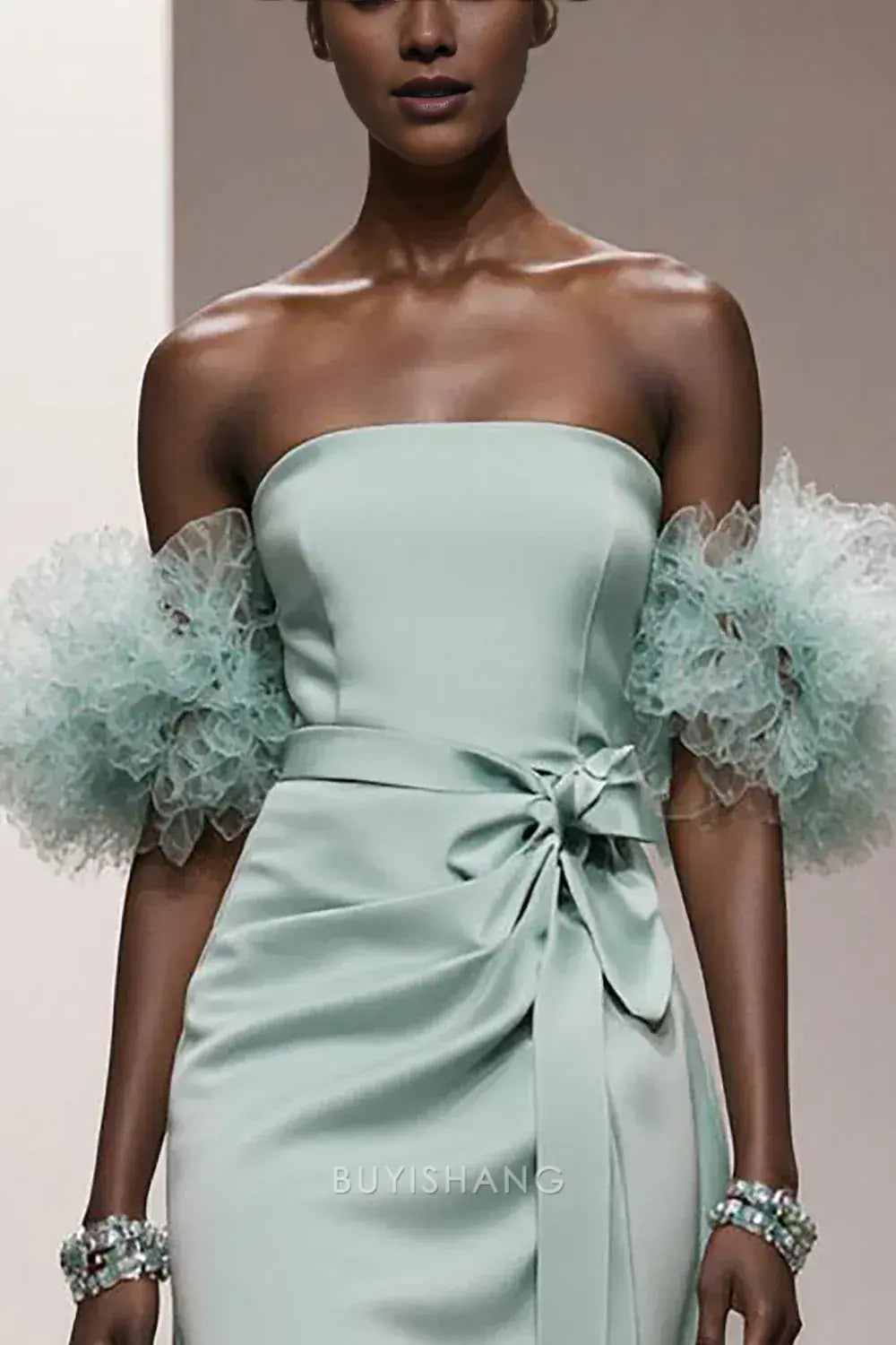 Elegant Off-Shoulder Ruffled Organza Sleeve Bow-Accent Satin Maxi Dress Prom Dress