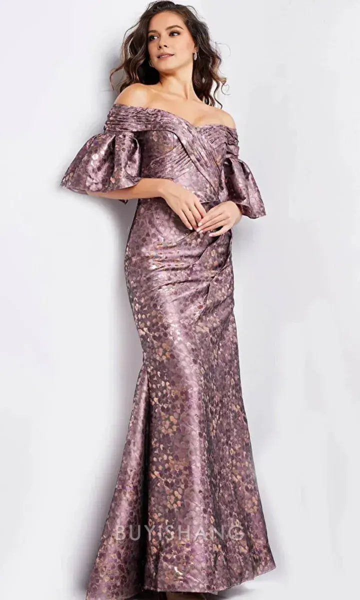 Elegant Off-Shoulder Ruffled Sleeve Metallic Brocade Mermaid Maxi Dress Mother of the Bride Dress