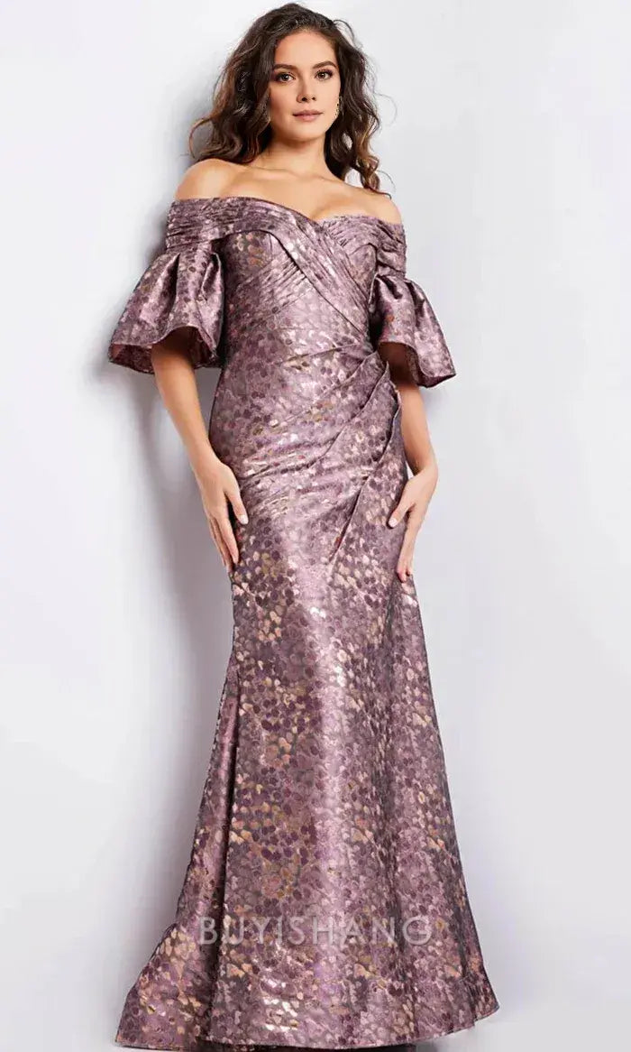 Elegant Off-Shoulder Ruffled Sleeve Metallic Brocade Mermaid Maxi Dress Mother of the Bride Dress