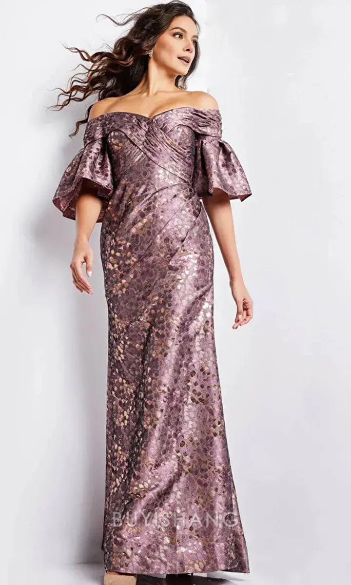 Elegant Off-Shoulder Ruffled Sleeve Metallic Brocade Mermaid Maxi Dress Mother of the Bride Dress