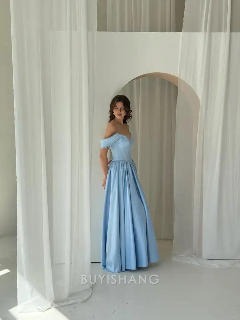 Elegant Off - Shoulder Satin Ball Gown Floor-Length with Lace - Up Back Prom Dresses