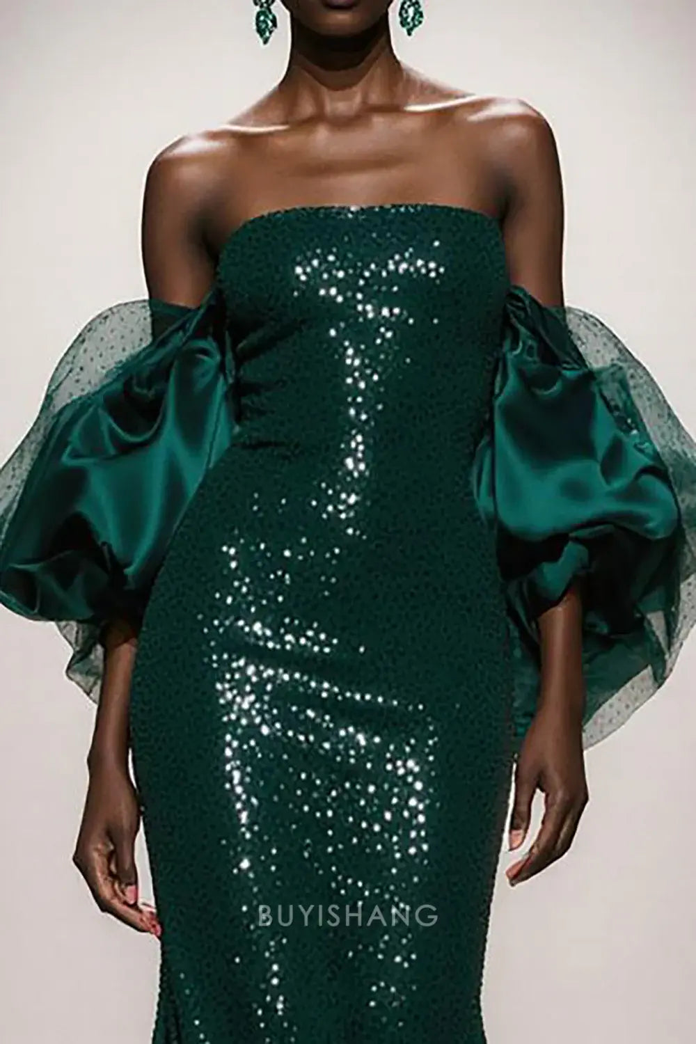 Elegant Off-Shoulder Sequin Puff-Sleeve Mermaid Floor-Length Maxi Dress Prom Dress