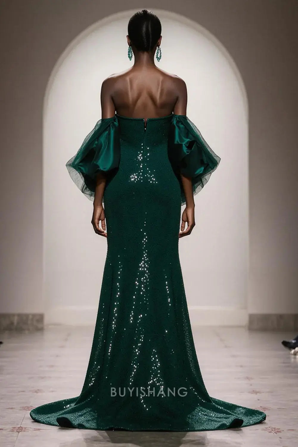 Elegant Off-Shoulder Sequin Puff-Sleeve Mermaid Floor-Length Maxi Dress Prom Dress