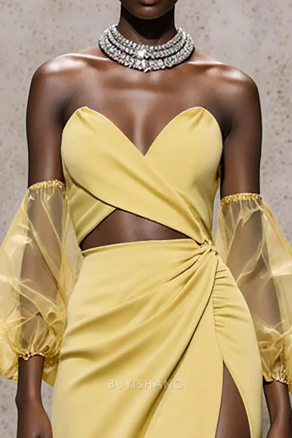 Elegant Off-Shoulder Sheer Puff-Sleeve Cutout Slit Satin Maxi Dress Prom Dress