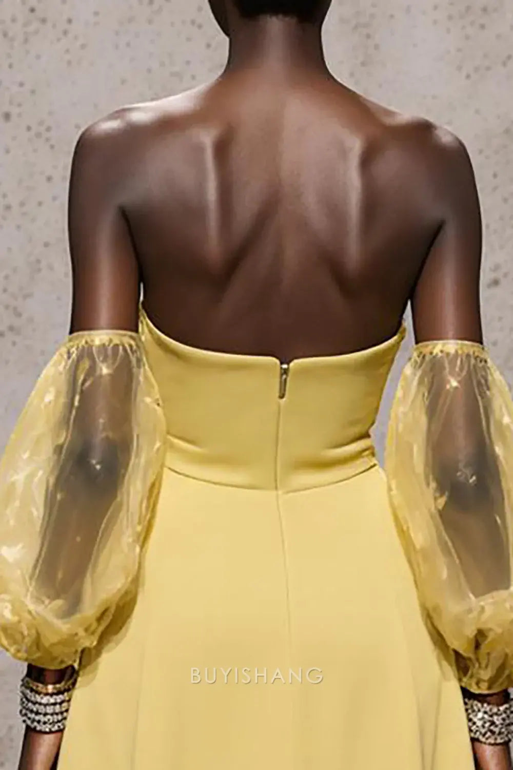 Elegant Off-Shoulder Sheer Puff-Sleeve Cutout Slit Satin Maxi Dress Prom Dress