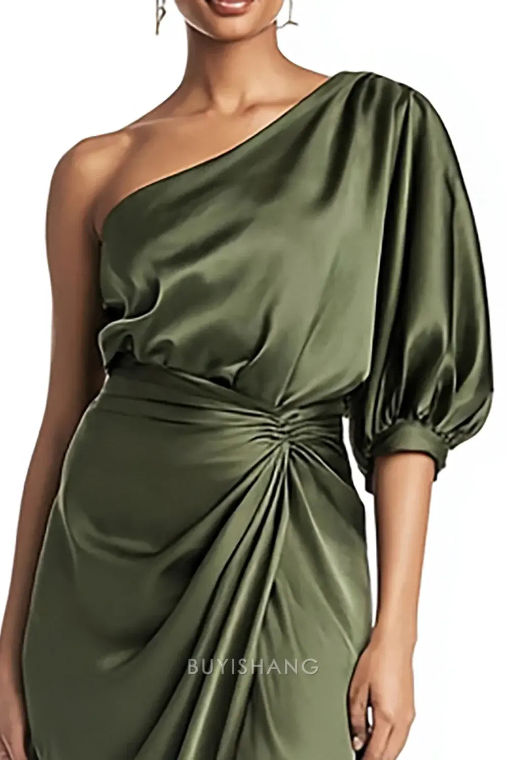 Elegant Olive One Shoulder Satin Mermaid Tea Length Formal Dress with Sleeves Prom Dress