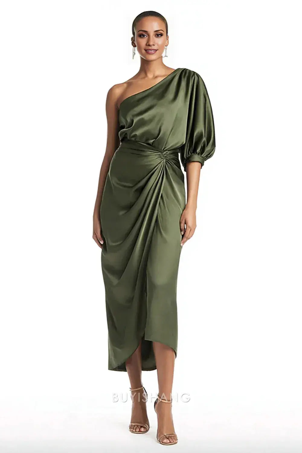 Elegant Olive One Shoulder Satin Mermaid Tea Length Formal Dress with Sleeves Prom Dress